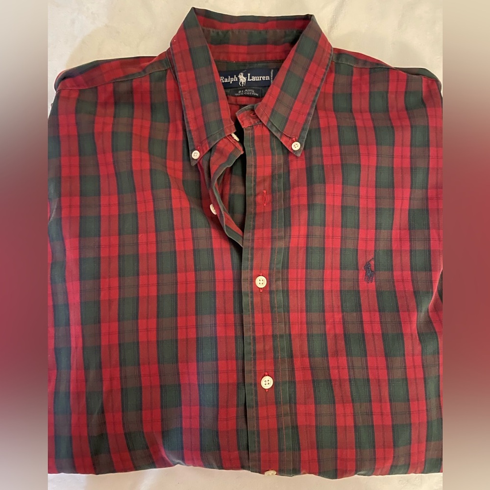 Ralph Lauren Preppy Red Green Plaid Button Up Long Sleeve Cotton Shirt